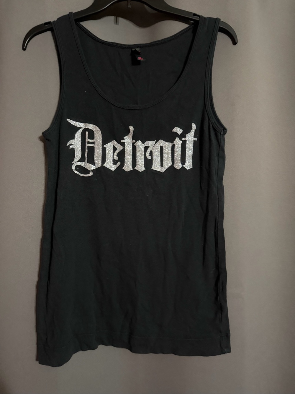 District Black Tank Top with Silver Detroit Graphic
